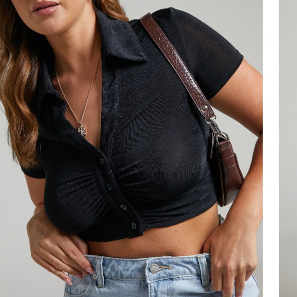 Showpo DOLLY TOP - BUTTON UP SLINKY SHORT SLEEVE CROP TOP IN BLACK